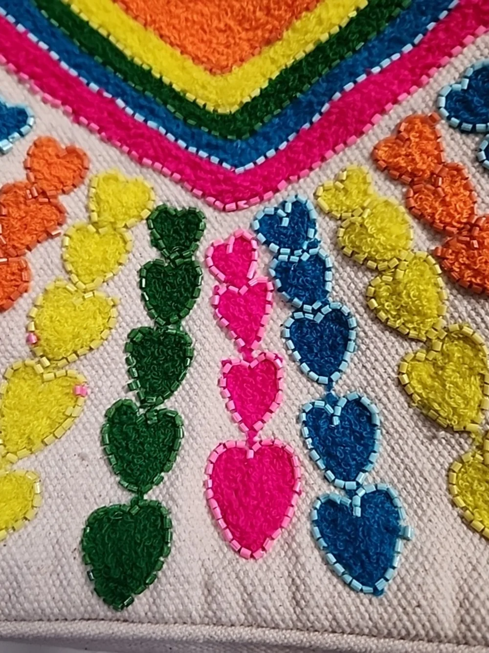 Katydid Multicolor Heart Rainbow Embroidered Tote with Hot Pink Handles